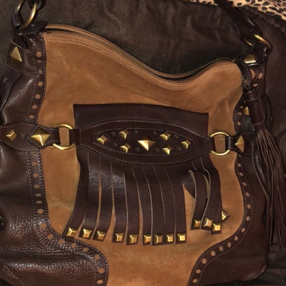 Micheal Kors size X- large brown suede bag brass studded leather fringe - Picture 5 of 16